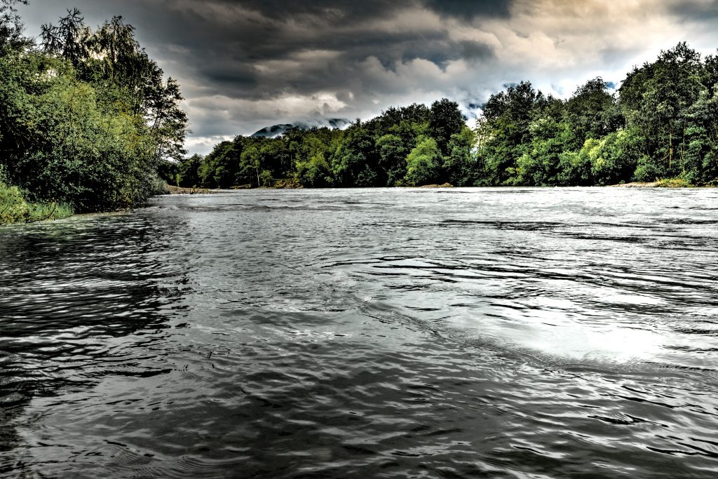 A scenic river view surrounded by lush trees under moody skies.